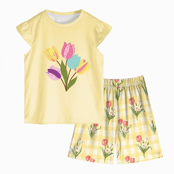 Nwiuh Girls Pajamas Set Toddler Girls Gifts PJs Summer Sleepwear for Little Kids Yellow for Size 2-3 Years
