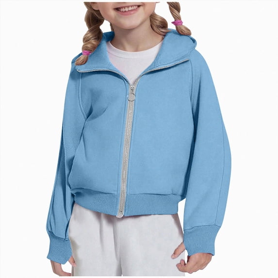 Nwiuh Girls Quilted Zip Up Hoodie Kids Fashion Long Sleeve Jacket | Hooded Full Zip Sweatshirt with Pockets, Breathable Fabric, School Casual Outfits, Fall Clothes (Sky Blue, 9-10 Years)