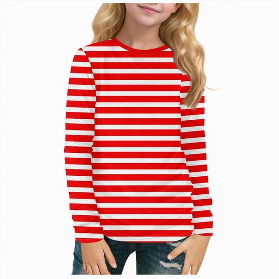 Nwiuh Girls Striped Long Sleeve Shirts Drop Shoulder Casual Fashionable Crewneck Blouse Tee Tops(Red,13-14 Years)