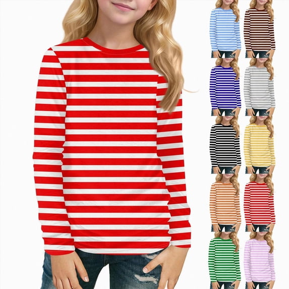 Nwiuh Girls Striped Long Sleeve T Shirts Cotton Crew Neck T-Shirts Tops Kids Toddler Summer Casual School Basic Tshirts (Sky Blue, 3-4 Years)