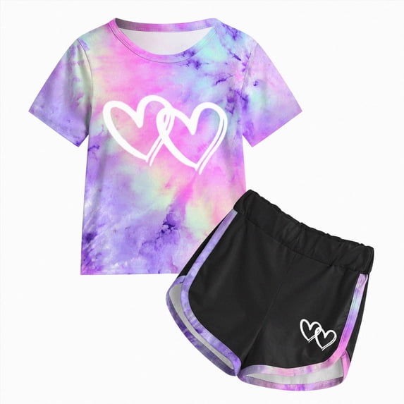 Nwiuh Girls Summer Outfits 2 Piece Short Set Soft Graphic Sports Tracksuit Beach Vacation for Little Big Girls (Light Purple, 6-7 Years)