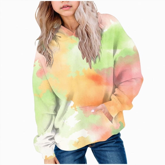 Nwiuh Girls Tie Dye Sweatshirts Loose Casual Hoodies Long Sleeve Pullover Hooded Tops with Pockets (Orange, 3-4 Years)