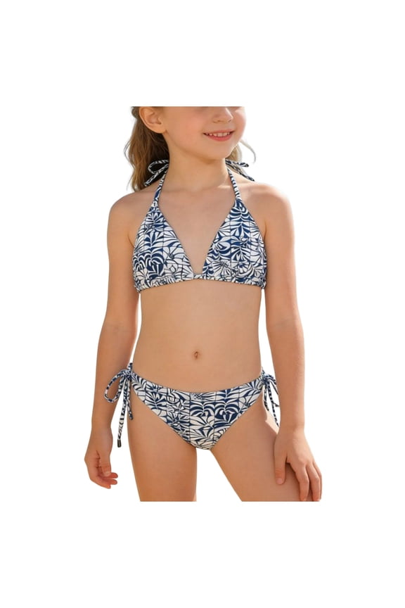 Girls's 2 Piece Floral Print Halter Neck Tie Bikini Set Triangle String Swimsuit Summer Bathing Suits for Girls (Navy, 9-10 Years)