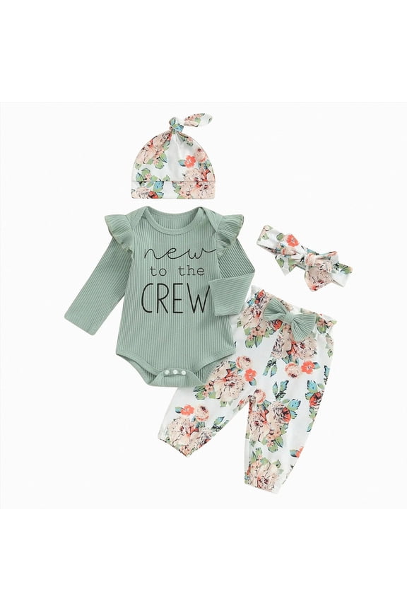 Hello World Baby Girl Going Ruffle Ribbed Romper Top Floral Pants Set Cute Summer Clothes (Green, Newborn)