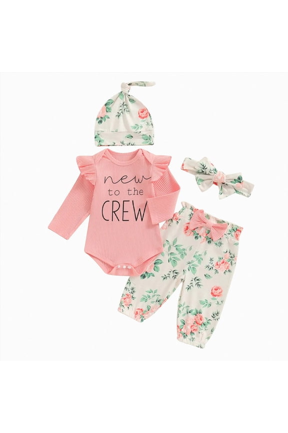 Hello World Baby Girl Going Ruffle Ribbed Romper Top Floral Pants Set Cute Summer Clothes (Pink, 0-3 Months)