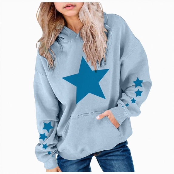 Nwiuh Hoodie Kids Cute Star Pattern Sweatshirts for Teen Girls with Pockets Long Sleeve Fall Winter Hoodie (Blue, 11-12 Years)