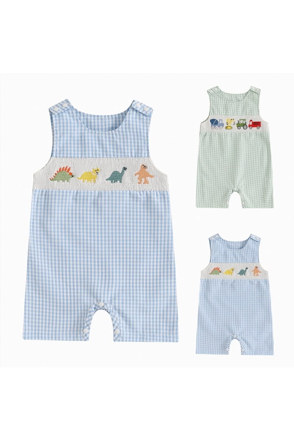 Infant Baby Boy Girl Car/Dinosaur Overalls Outfit Sleeveless Plaid Romper Straps Jumpsuit One Piece Playsuit Casual Clothes (Light Green, 6-12 Months)