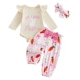 thumbnail image 1 of Nwiuh Infant Baby Girl Easter Outfits Rabbit Embroidery Short Sleeve Romper Pants Headband 3pcs Newborn Spring Clothes (Beige, 6-9 Months), 1 of 8