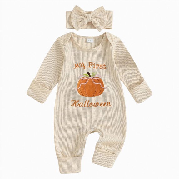 Nwiuh Infant Baby Girl Fall Outfit Sweatshirt Romper Fun Letters Long Sleeve Jumpsuit Newborn Clothes (Beige, 0-3 Months)