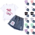 thumbnail image 1 of Nwiuh Kid Girls Clothes Outfits Bowknot T-Shirt + 2 In 1 Denim Short Skort Summer Clothing Set for Size 2-3 Years, 1 of 4