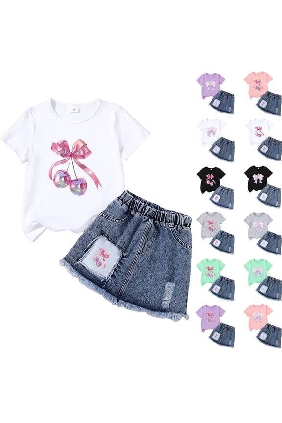Kid Girls Clothes Outfits Bowknot T-Shirt + 2 In 1 Denim Short Skort Summer Clothing Set for Size 2-3 Years