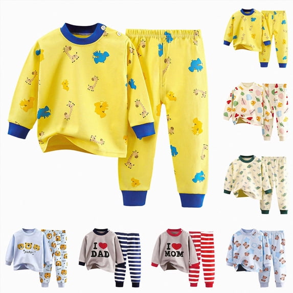 Nwiuh Kids Boy Girl Pajamas Set Toddler Fall Winter Sleepwear Cotton Cartoon Long Sleeve Pullover Top+Pants (Army Green, 3-6 Months)