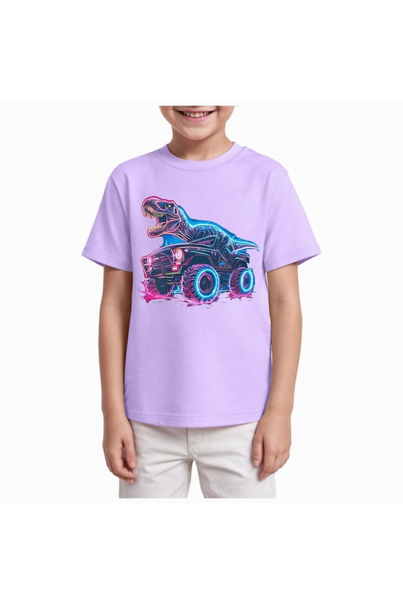 Kids Boys Truck Dinosaur Excavator Construction T-Rex Short Sleeve Cotton Tee Toddler T-Shirt Light Purple for Size 7-8 Years