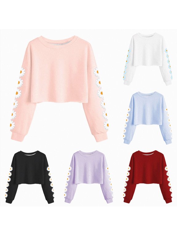 Kids Crop Tops Girls Long Sleeve Crewneck Sweatshirts Pullover Top | Daisy Printed, Cute Tops, Fashion Sweatshirts (White,4-5 Years)