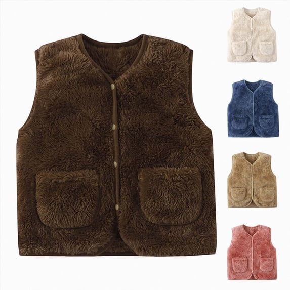 Nwiuh Kids Fleece Sherpa Vest, Lightweight Sleeveless Jacket with Snap Buttons, Fall Winter Outerwear for Boys Girls (Brown, 5-6 Years)