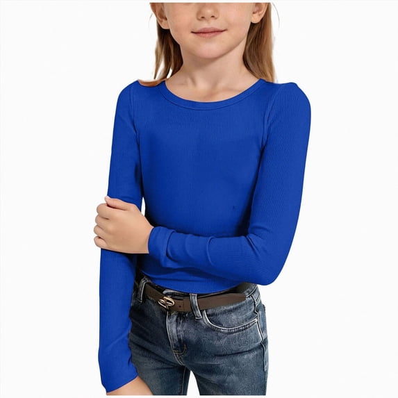 Nwiuh Kids Girls Long Sleeve Shirts Casual Crewneck Ribbed Knit Tops Ruched Side Slim Fit Tee Shirt ,Soft Breathable Tee(Blue,11-12 Years)