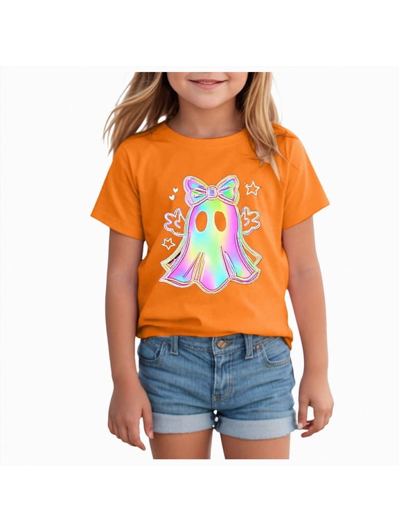Kids Halloween Shirt Boys Girls Toddler Halloween Tshirt Cute Spooky Season Fall Outfit Trick or Treat Graphic Tee Tops 2-7T(Orange,6-7 Years)