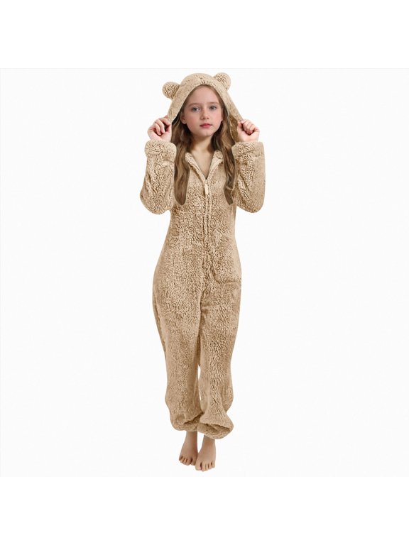 Kids Onesie Fleece Jumpsuit Sherpa Lined Boys Girls Warm One Piece Zipper Hooded Cute Playsuit(Khaki,13-14 Years)