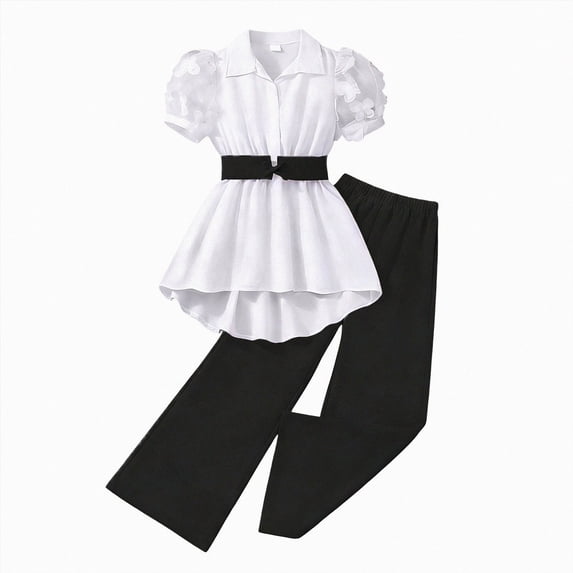 Nwiuh Kids Summer Outfit Ruffle Hem Short Sleeve Top Print and Leggings | Girls Summer Outfits Short Sleeve Ruffle Hem Bow Top and Print Elastic Waist Leggings (Black, 11-12 Years)