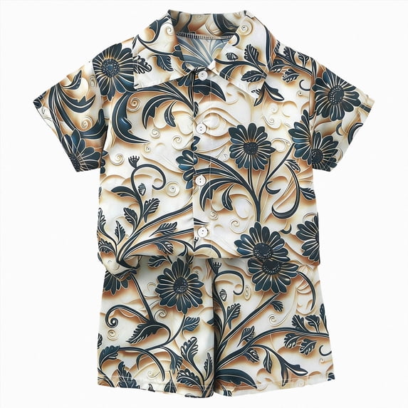 Nwiuh Little & Big Boy's Button Down Hawaiian Shirts and Shorts Set Toddler Baby Boy Outfit Summer Clothing (Z02-Beige, 2-3 Years)