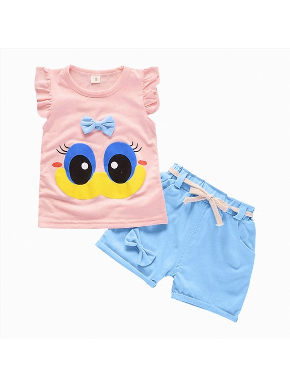 Little Girls Big Eyes Pattern Top Shirt with Shorts Two-pieces Sets Pink for Size 18-24 Months