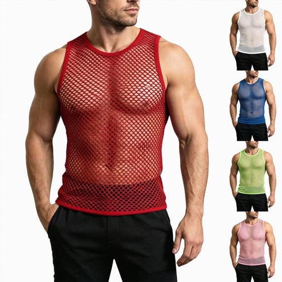 Nwiuh Men Casual Tank Tops Mesh Shirt See Through Sleeveless Shirts Muscle Fishnet Fitted Tee Clubwear Summer Red M