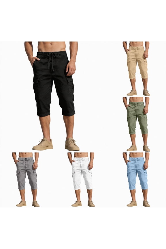 Mens Below Knee 3/4 Long Cargo Shorts Elastic Waistband Relaxed Fit Casual Joggers Multi Pockets Capri Sweatpants Khaki M