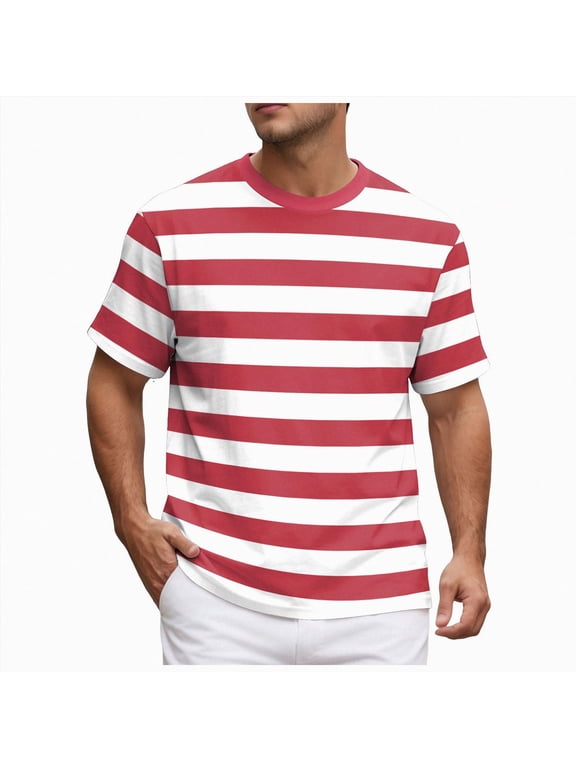 Mens Short Sleeve T-Shirts Striped Casual Crewneck Basic Shirt Color Block Stretch Summer Beach Tees Red XL