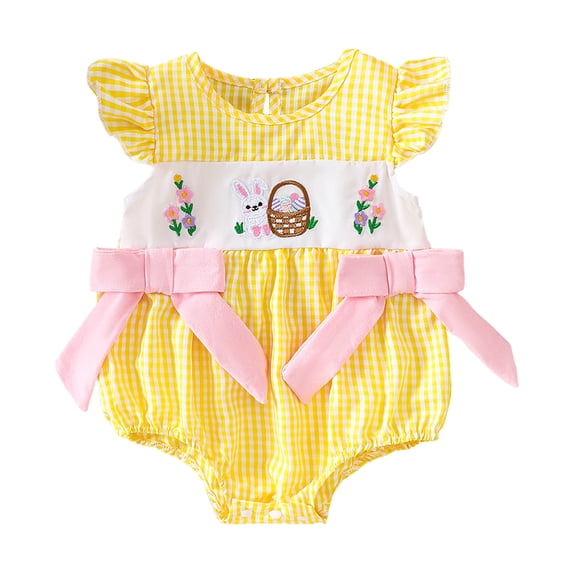 Nwiuh My First Baby Girl Outfit Infant Plaid Bubble Easter Romper Embroidery Irish Day Spring Clothes (Yellow, 3-6 Months)