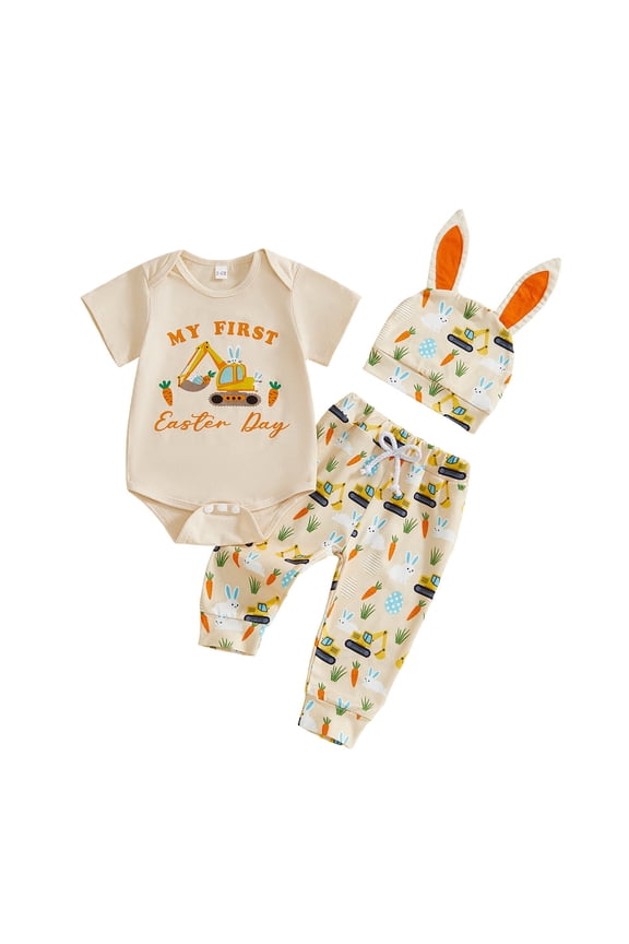 My First Easter Baby Boy Outfit Excavator Boy Bunny Short Sleeve Romper Pants Hat Infant Onesie Newborn Clothes (Beige, 6-12 Months)
