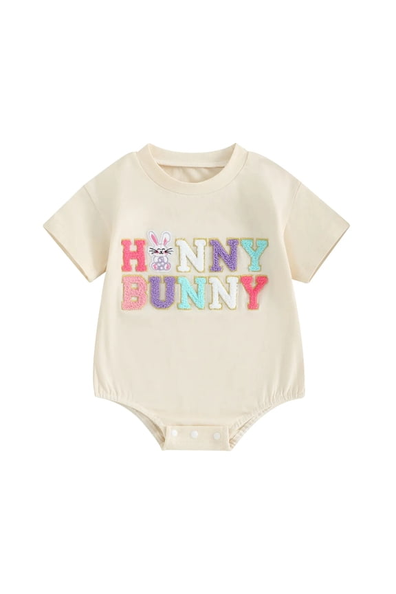My First Easter Baby Girl Boy Outfit Short Sleeve Bunny Shirt Onesie Bubble Romper Newborn Easter Clothes (Beige, 3-6 Months)