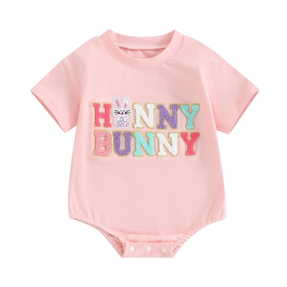 Nwiuh My First Easter Baby Girl Boy Outfit Short Sleeve Bunny Shirt Onesie Bubble Romper Newborn Easter Clothes (Pink, 3-6 Months)
