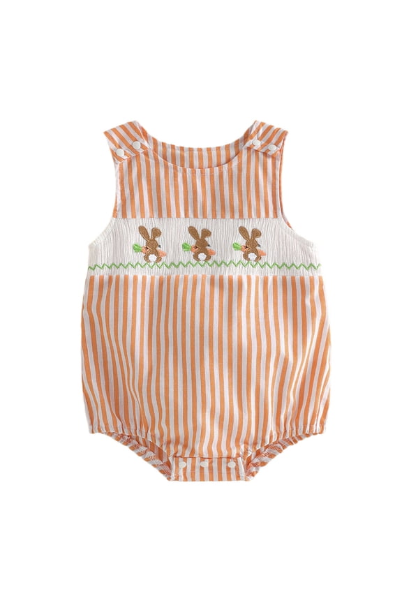 Newborn Baby Boy Easter Outfit Bunny Embroidery Sleeveless Smocked Bubble Romper Striped/Plaid Overalls Bodysuit (Orange, 6-12 Months)