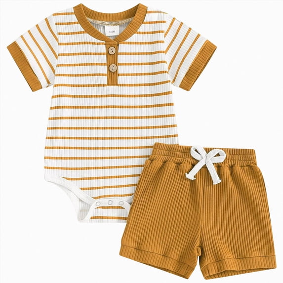 Nwiuh Newborn Baby Boy Girl Clothes 6 9 12 18 Months Ribbed Knit Short Sleeve Romper Shorts Set Infant Summer Outfits(Brown, 6-9 Months)