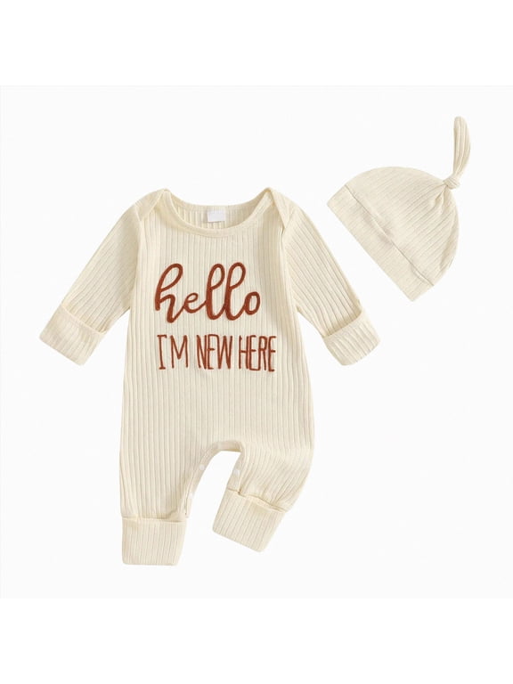 Newborn Baby Boy Girl Clothes Hi I'm New Here Coming Home From Hospital Outfits Gender Neutral One Piece Romper(Beige,0-3 Months)