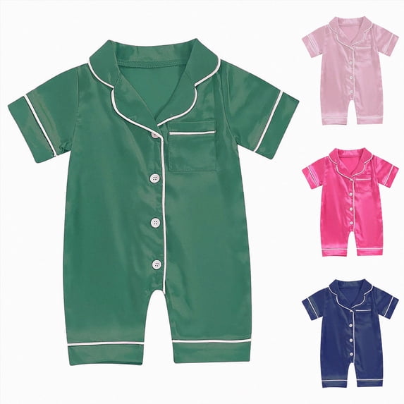 Nwiuh Newborn Baby Boy Girl Silk Pajamas Romper Shorts Sleeve Button Down Satin One Piece Onesie Pjs Infant Sleepwears (Dark Blue, 18-24 Months)