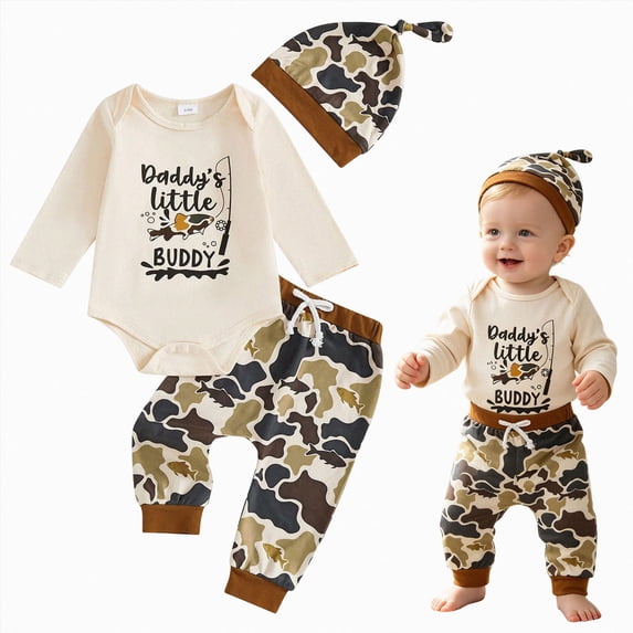 Nwiuh Newborn Baby Boy Hunting Clothes Long Sleeve Romper Camouflage Pant Set Beanie Hat 3 Piece Outfit Beige 0-3 Months
