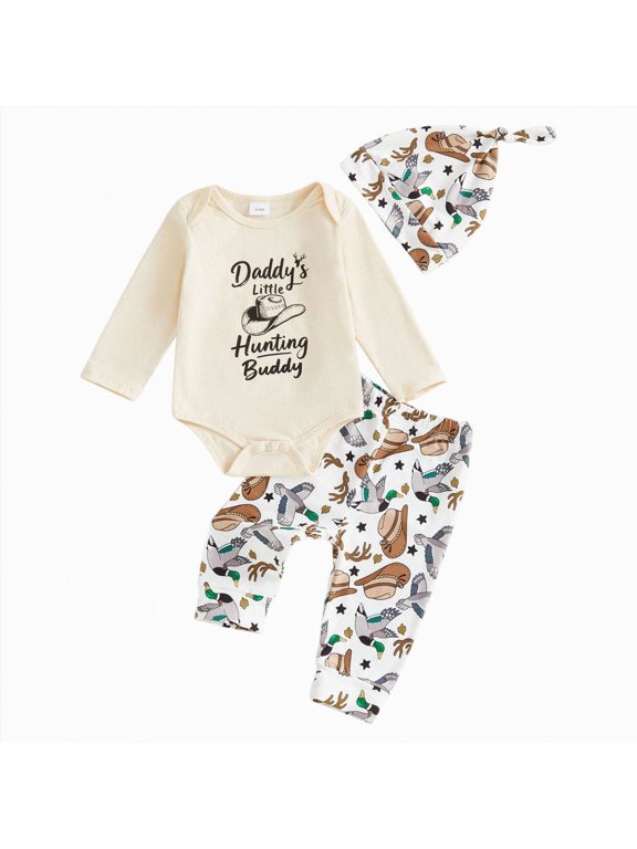 Newborn Baby Boy Hunting Clothes Long Sleeve Romper Camouflage Pant Set Beanie Hat 3 Piece Outfit Beige 3-6 Months