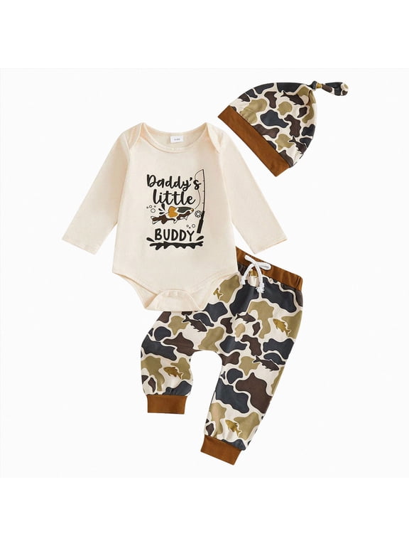 Newborn Baby Boy Hunting Clothes Long Sleeve Romper Camouflage Pant Set Beanie Hat 3 Piece Outfit Beige 9-12 Months