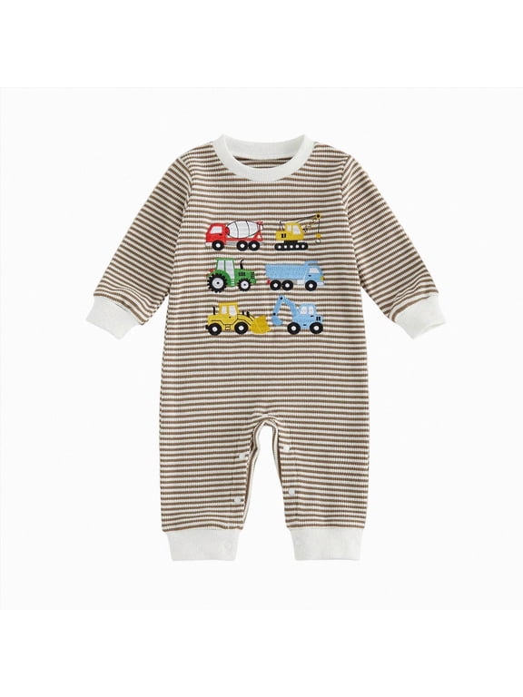 Newborn Baby Boy Knit Romper Truck Jumpsuit Excavator Waffle Warm Clothes One Piece Fall Winter Tractor Outfits (Brown, 0-3 Months)