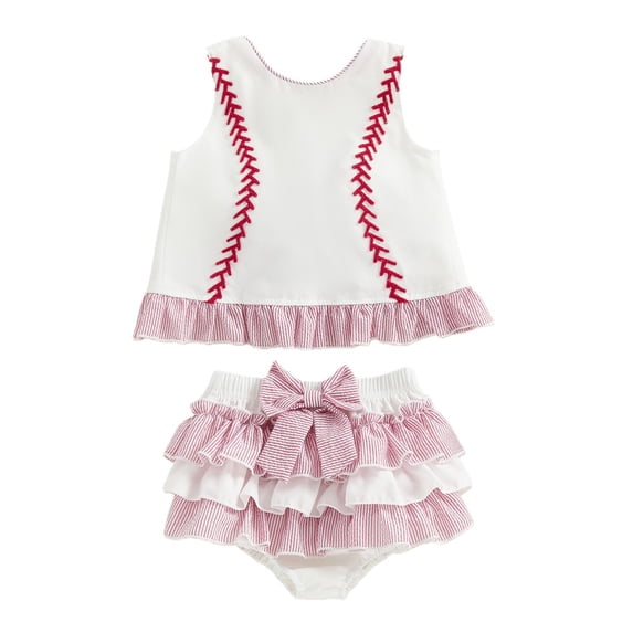 Nwiuh Newborn Baby Girl Baseball Outfit Cute Baseball Embroidery Tank Tops Ruffle Shorts Skirts Set 2Pcs Sports Clothes (White, 12-18 Months)