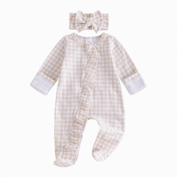 Nwiuh Newborn Baby Girl Coming Home Outfit Print Footed Jumpsuit | Newborn Baby Girl Outfits Print Footed Jumpsuit Long Sleeve Romper Cute Fall Baby Outfit with Headband (Beige, 3-6 Months)