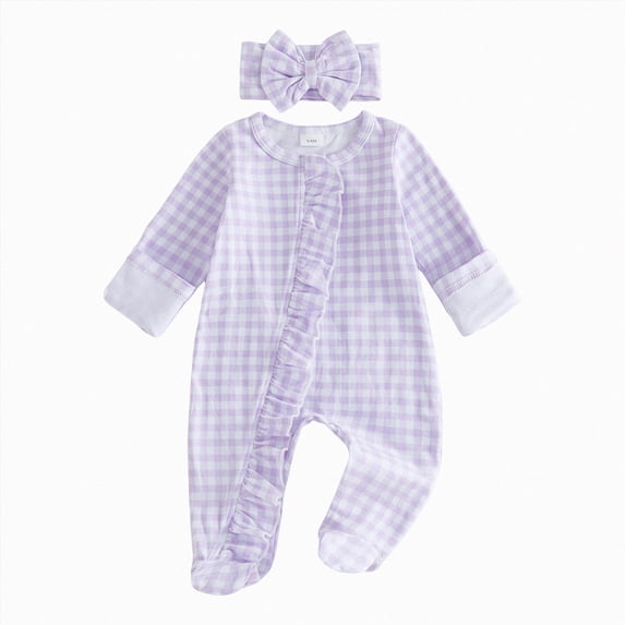 Nwiuh Newborn Baby Girl Coming Home Outfit Print Footed Jumpsuit | Newborn Baby Girl Outfits Print Footed Jumpsuit Long Sleeve Romper Cute Fall Baby Outfit with Headband (Purple, Preemie)