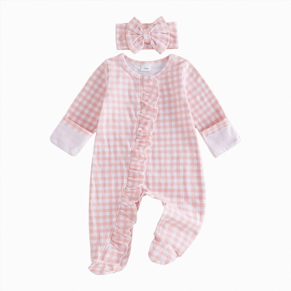 Nwiuh Newborn Baby Girl Coming Home Outfit Print Footed Jumpsuit | Newborn Baby Girl Outfits Print Footed Jumpsuit Long Sleeve Romper Cute Fall Baby Outfit with Headband (Pink, 0-3 Months)