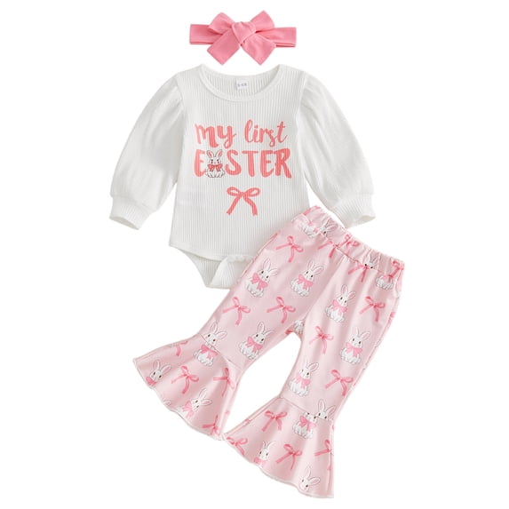 Nwiuh Newborn Baby Girl Easter Outfit My 1st Easter Ruffle Bunny Onesie Romper Flared Pants and Headband (White, 0-3 Months)