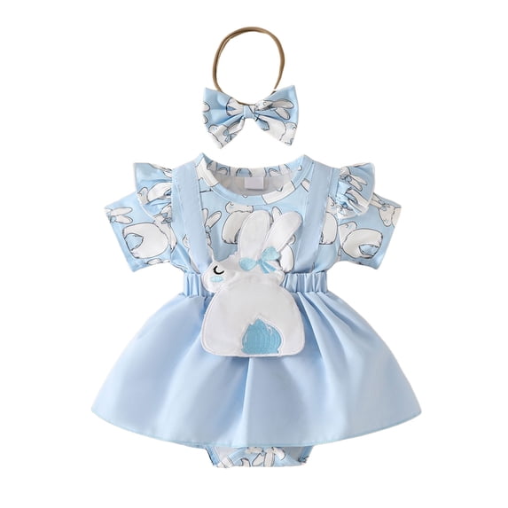Nwiuh Newborn Baby Girl Easter Outfit Short Sleeve Bunny Embroidery Suspender Romper Dress Headband 2Pcs Set (Dark Blue, 9-12 Months)