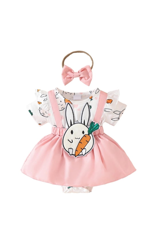 Newborn Baby Girl Easter Outfit Short Sleeve Bunny Embroidery Suspender Romper Dress Headband 2Pcs Set (Red, 6-9 Months)
