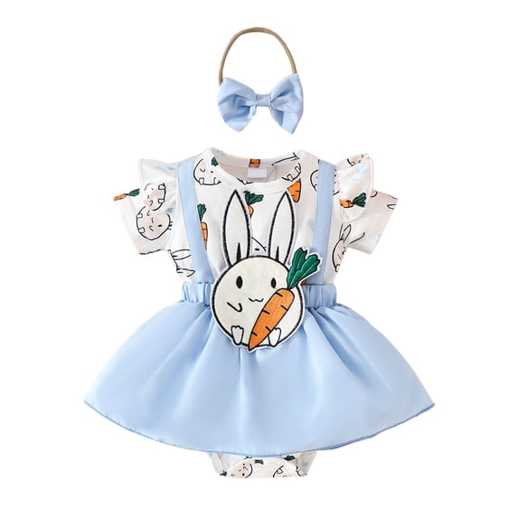 Nwiuh Newborn Baby Girl Easter Outfit Short Sleeve Bunny Embroidery Suspender Romper Dress Headband 2Pcs Set (Sky Blue, 9-12 Months)