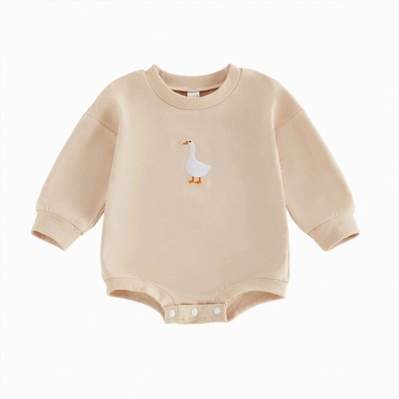 Nwiuh Newborn Baby Girl Fall Clothes Goose Embroidery Long Sleeve Sweatshirt Bubble Romper Animal Farm Outfit (Beige, 3-6 Months)