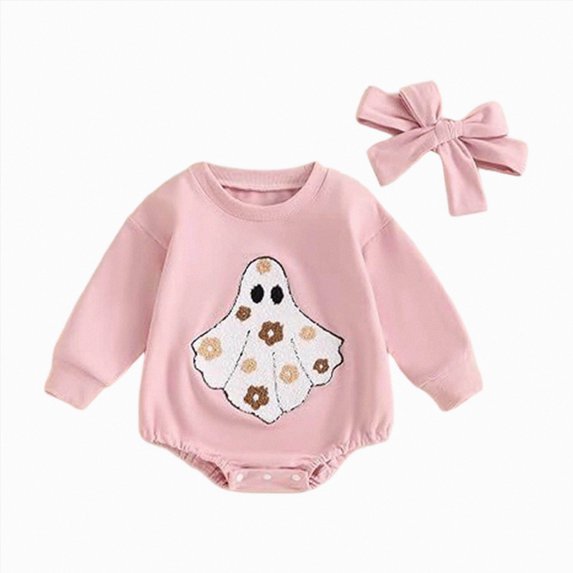 Nwiuh Newborn Baby Girl Halloween Outfit Ghost Embroidery Sweatshirt Romper Bubble Bodysuit with Headband (Pink, 12-18 Months)